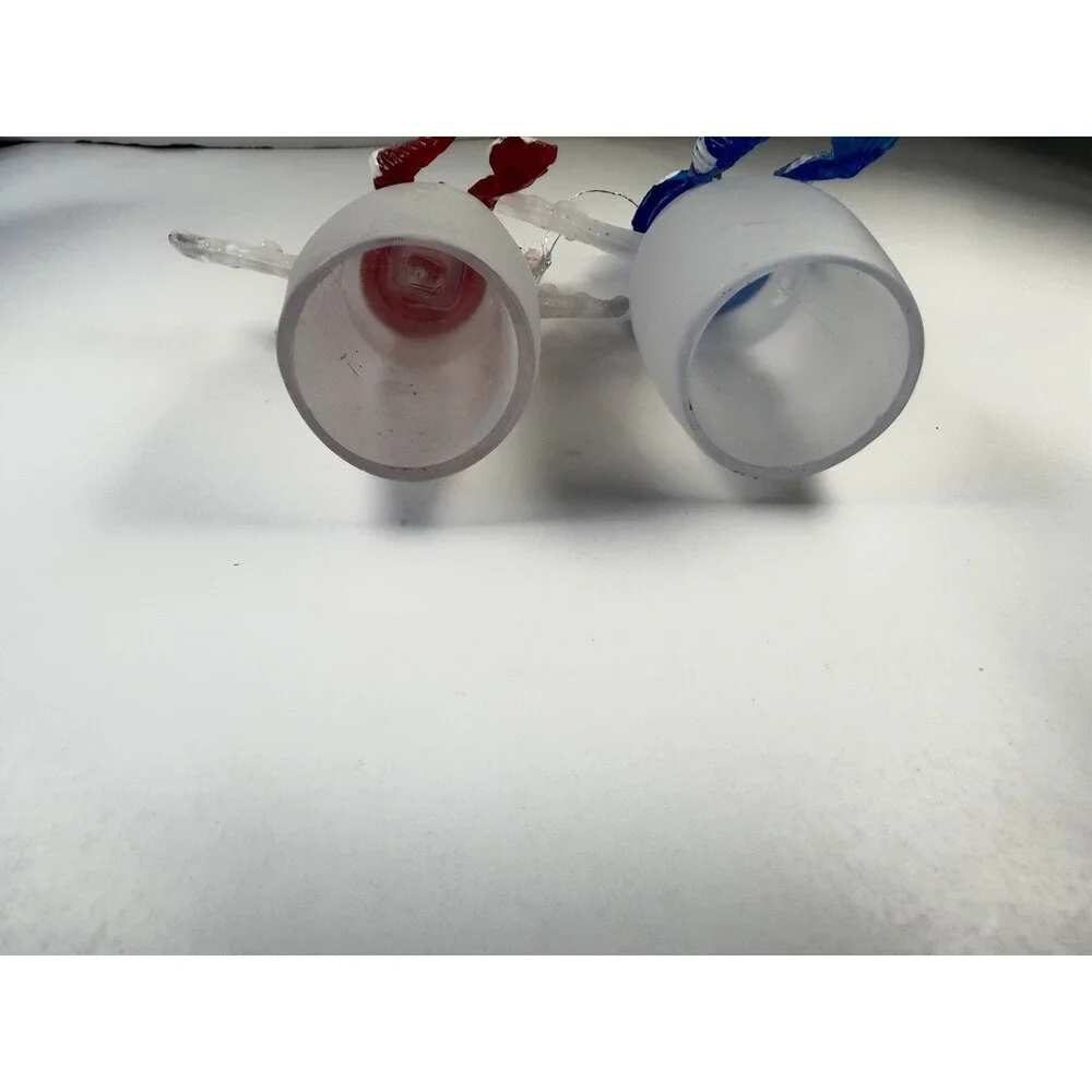 Vintage Frosted Glass Snowman Ornament Set Red Blue Hats Blown Glass Pair 4 ½”